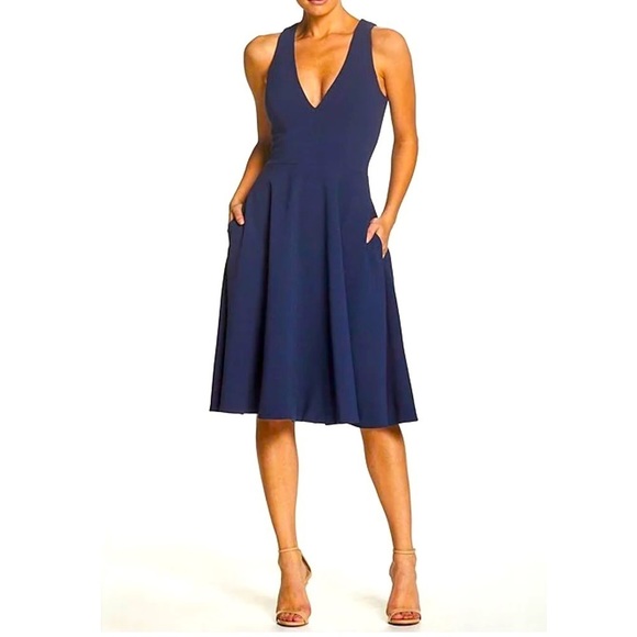 Dress the Population Women’s V-Neck Fit and Flare Dress w/Pockets Size:XXS NWT - Picture 2 of 11